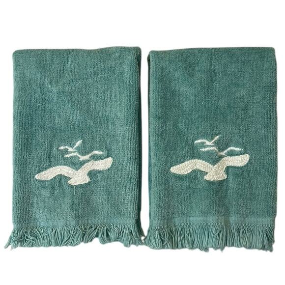 Lady Pepperell Vintage Hand Towels Beach Seagulls Embroidered Fringe 2pc Set - Picture 1 of 4